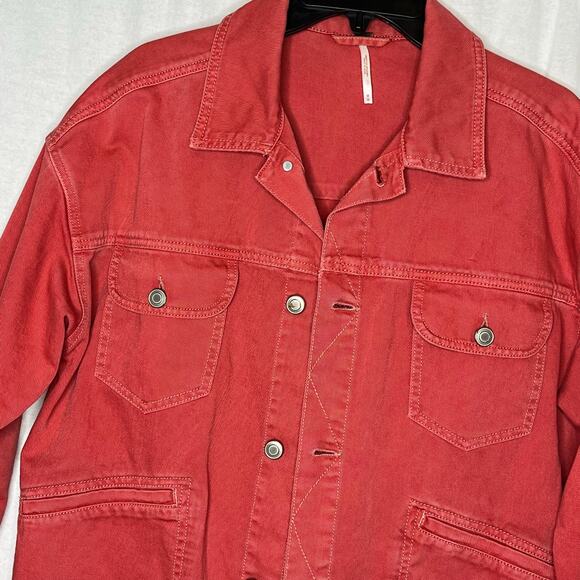 Free People Dropped Shoulder‎ Oversize Boxy Pink Red Trucker Jean Jacket Medium - Picture 3 of 9